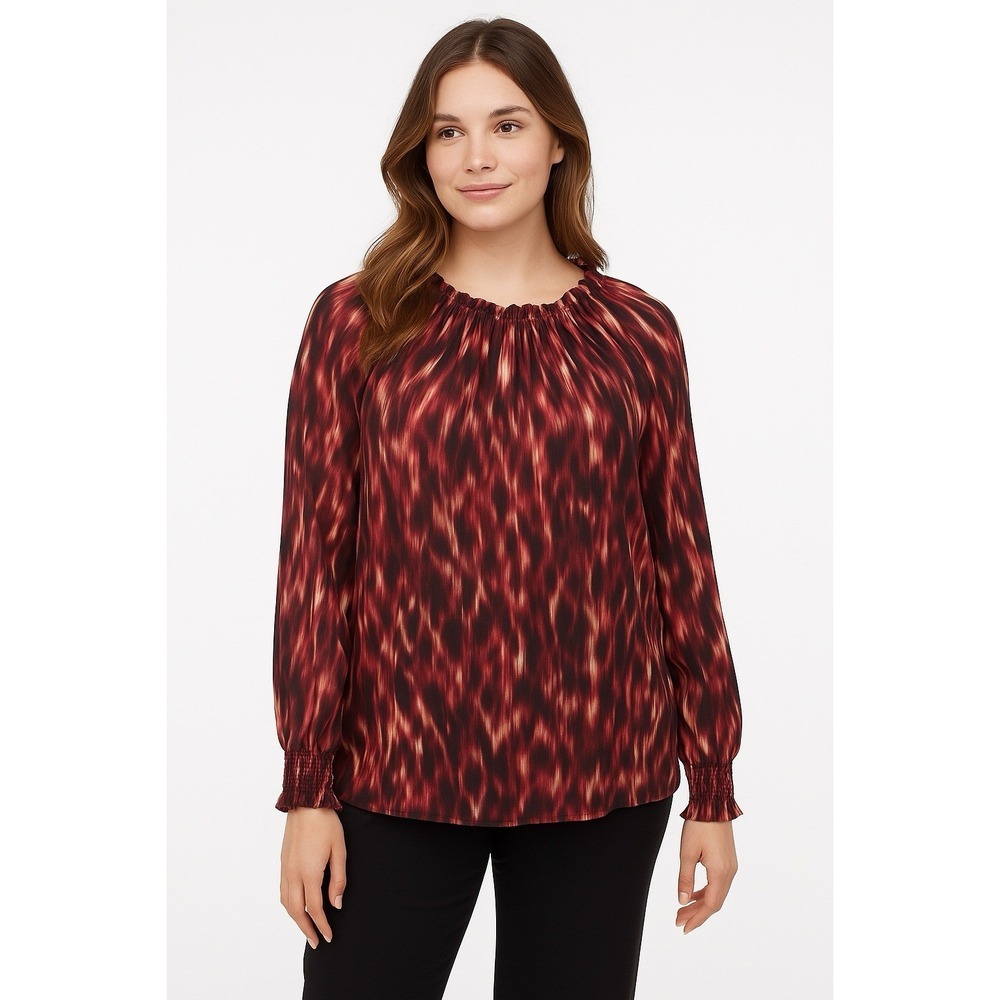 BeachLunchLounge Womens‎ Blouse Large Burgandy Geo Print Mock Neck Bohemian